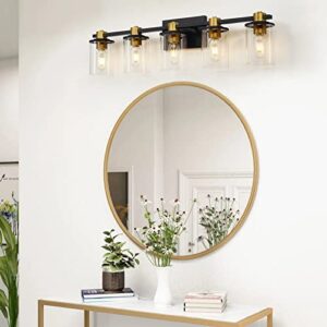 Atocif 5 Light Bathroom Vanity Light Fixtures, Black and Gold Vanity Light Above Mirror with Clear Glass Shade, Modern Wall Sconce Black with Bronze Vintage