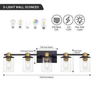 Atocif 5 Light Bathroom Vanity Light Fixtures, Black and Gold Vanity Light Above Mirror with Clear Glass Shade, Modern Wall Sconce Black with Bronze Vintage