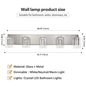 Bathroom Light Fixtures, 5 Light Brushed Nickel Bathroom Vanity Light, Crystal Bubble Glass With Dimmable 3-Color Lights, Modern Bathroom Wall Sconce For Bathroom Hallway Kitchen Bedroom Living Room