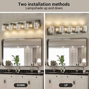 Bathroom Light Fixtures, 5 Light Brushed Nickel Bathroom Vanity Light, Crystal Bubble Glass With Dimmable 3-Color Lights, Modern Bathroom Wall Sconce For Bathroom Hallway Kitchen Bedroom Living Room