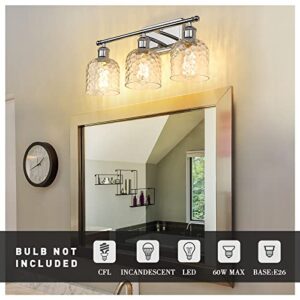 zeyu Modern Vanity Lights for Bathroom, Industrial 3-Light Chrome Bathroom Lights with Hammered Glass Shade, ZJF63B-3W CH