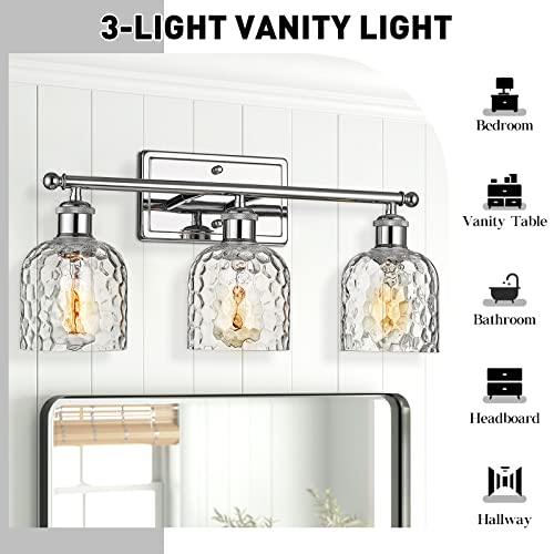 zeyu Modern Vanity Lights for Bathroom, Industrial 3-Light Chrome Bathroom Lights with Hammered Glass Shade, ZJF63B-3W CH