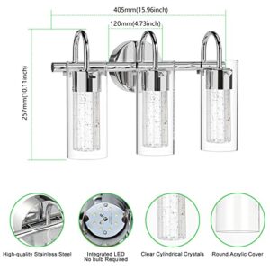 MAXvolador 3-Light LED Vanity Light Fixture, 1500Lumen Dimmable Wall Sconce Lighting, Modern Bathroom Wall Lights with Crystal Bubble Glass 21W, Cool White Over Mirror Vanity Lamp, Chrome Finish