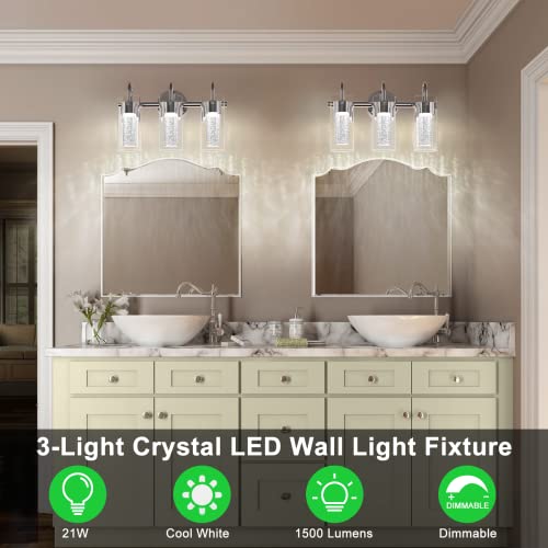 MAXvolador 3-Light LED Vanity Light Fixture, 1500Lumen Dimmable Wall Sconce Lighting, Modern Bathroom Wall Lights with Crystal Bubble Glass 21W, Cool White Over Mirror Vanity Lamp, Chrome Finish