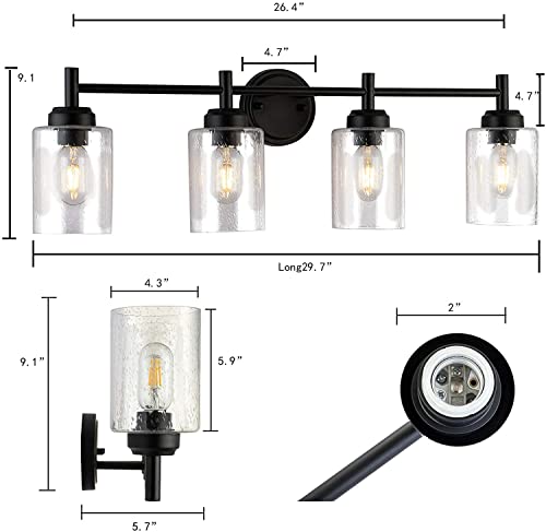 Berliget Black 4 Light Bathroom Vanity Lights, Seeded Glass Shade Wall Sconce, Antique Farmhouse Retro Brass Mirror Vanity Light Fixture Bathroom Vanity Lighting