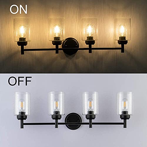 Berliget Black 4 Light Bathroom Vanity Lights, Seeded Glass Shade Wall Sconce, Antique Farmhouse Retro Brass Mirror Vanity Light Fixture Bathroom Vanity Lighting