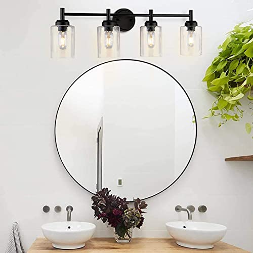 Berliget Black 4 Light Bathroom Vanity Lights, Seeded Glass Shade Wall Sconce, Antique Farmhouse Retro Brass Mirror Vanity Light Fixture Bathroom Vanity Lighting