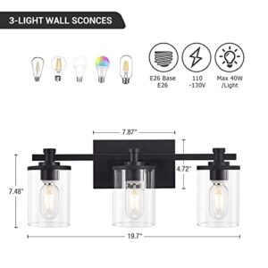 diniluse Bathroom Vanity Light 3-Light, Black Bathroom Light Fixtures with Clear Glass Shade, Vintage Bathroom Vanity Lights, Modern Wall Sconce for Bathroom, Living Room, Hallway, Bedroom