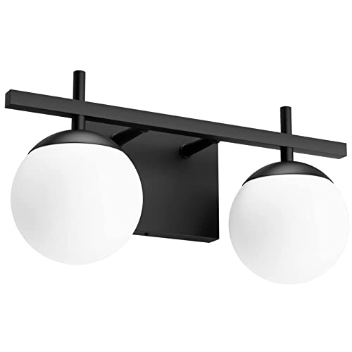 Ralbay Matte Black Bathroom Light Fitures 2-Light Mid Century Modern Bathroom Light Fixture Matte Black Milky Glass Ball Wall Light for Bathroom