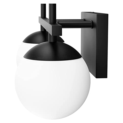 Ralbay Matte Black Bathroom Light Fitures 2-Light Mid Century Modern Bathroom Light Fixture Matte Black Milky Glass Ball Wall Light for Bathroom