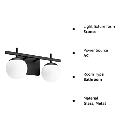 Ralbay Matte Black Bathroom Light Fitures 2-Light Mid Century Modern Bathroom Light Fixture Matte Black Milky Glass Ball Wall Light for Bathroom