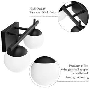 Ralbay Matte Black Bathroom Light Fitures 2-Light Mid Century Modern Bathroom Light Fixture Matte Black Milky Glass Ball Wall Light for Bathroom