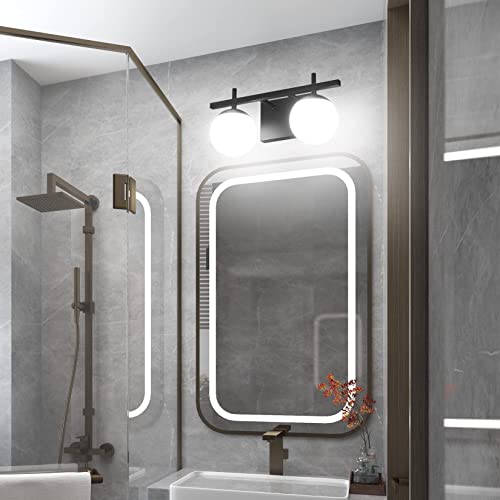 Ralbay Matte Black Bathroom Light Fitures 2-Light Mid Century Modern Bathroom Light Fixture Matte Black Milky Glass Ball Wall Light for Bathroom