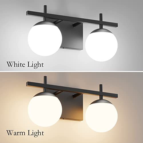 Ralbay Matte Black Bathroom Light Fitures 2-Light Mid Century Modern Bathroom Light Fixture Matte Black Milky Glass Ball Wall Light for Bathroom