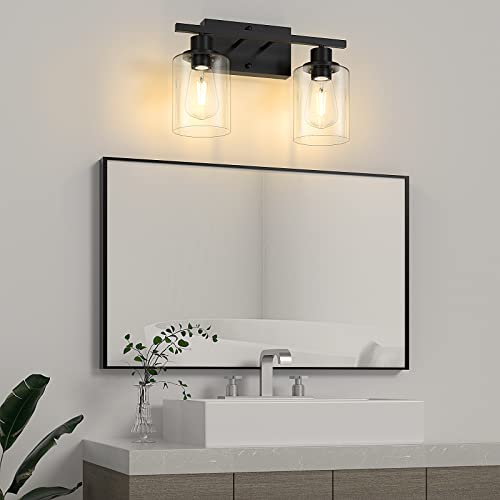 2-Light Black Bathroom Light Fixture, Vanity Light Over Mirror with Clear Glass Shade, Modern Black Sconce Wall Lighting with Metal Base, Farmhouse Wall Mount Lamp for Bathroom, Living Room, Bedroom