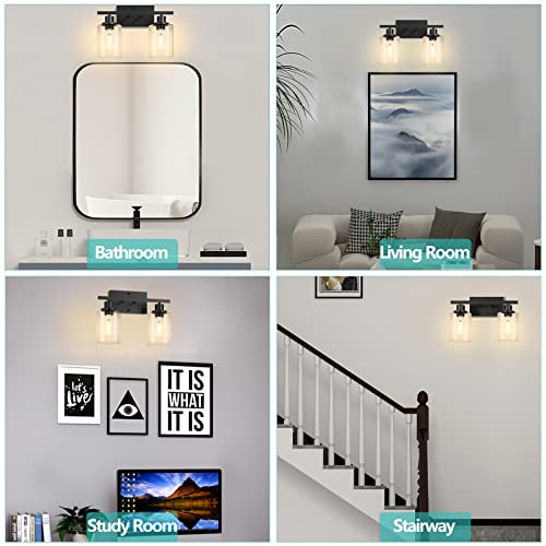 2-Light Black Bathroom Light Fixture, Vanity Light Over Mirror with Clear Glass Shade, Modern Black Sconce Wall Lighting with Metal Base, Farmhouse Wall Mount Lamp for Bathroom, Living Room, Bedroom