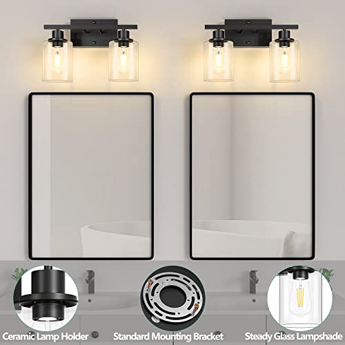 2-Light Black Bathroom Light Fixture, Vanity Light Over Mirror with Clear Glass Shade, Modern Black Sconce Wall Lighting with Metal Base, Farmhouse Wall Mount Lamp for Bathroom, Living Room, Bedroom