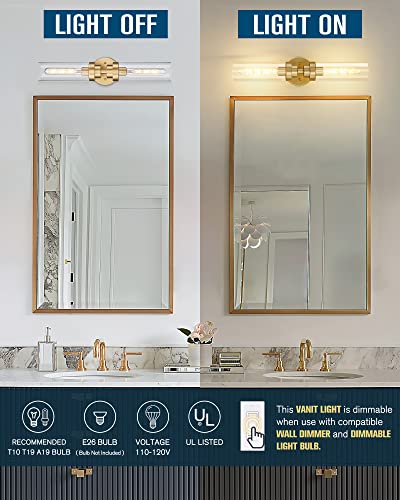 Emak Modern 22 Inch Gold Bathroom Light Fixtures Over Mirror, Cylinder Bathroom Vanity Lights for Mirror, 2-Light Wall Sconces with Clear Glass for Bathroom, Bedroom, Hallway, VL085-GD-2