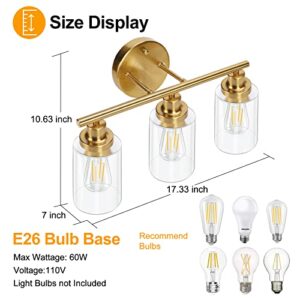 Watyo Bathroom Light Fixtures Gold Vanity Light 3 Light Wall Sconces Lighting Brushed Brass Bathroom Lights with Clear Glass Shades Bath Wall Lights Wall Lamp for Mirror Kitchen