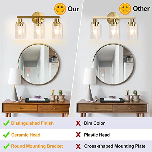 Watyo Bathroom Light Fixtures Gold Vanity Light 3 Light Wall Sconces Lighting Brushed Brass Bathroom Lights with Clear Glass Shades Bath Wall Lights Wall Lamp for Mirror Kitchen