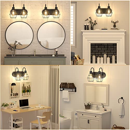 Elibbren Bathroom Vanity Light Fixtures, 2-Light Bathroom Lighting Fixtures Over Mirror with Cage, E26 Base Black Farmhouse Wall Sconces for Bedroom Living Room, UL Listed