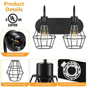 Elibbren Bathroom Vanity Light Fixtures, 2-Light Bathroom Lighting Fixtures Over Mirror with Cage, E26 Base Black Farmhouse Wall Sconces for Bedroom Living Room, UL Listed