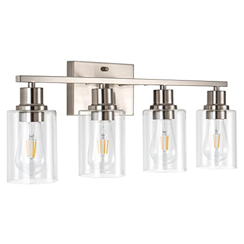 FILIMITIY 4-Light Bathroom Light Fixtures, Brushed Nickel Vanity Light with Clear Glass Shade,Modern Wall Sconce for Mirror Bedroom Hallway Farmhouse Kitchen