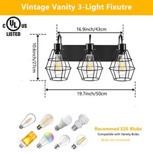 Elibbren Retro Style Industrial Bathroom Vanity Light 3 Lights, Vintage Matte Black Wall Sconce with Cage, Farmhouse Bathroom Wall Light Fixture for Bathroom Vanity, UL Listed (Bulbs Included)