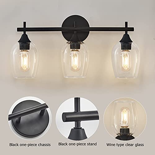 XGFOURSEVEN 3-Light Black Bathroom Lighting Fixture, Vintage Vanity Light with Clear Glass Shade,Modern Wall Lamp for Bedroom Hallway Living Room (Black, 3-Light)