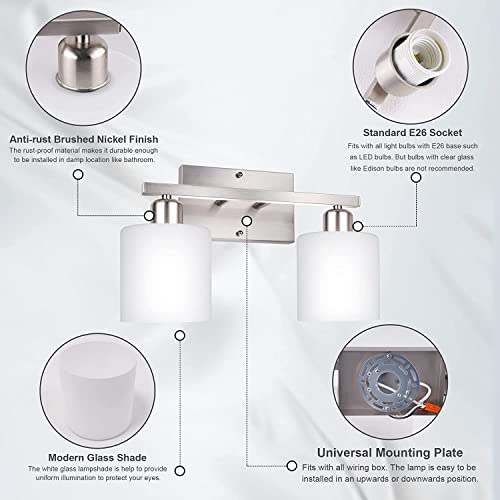 Bathroom Vanity Light Fixture Over Mirror with Brushed Nickel,Dekang Modern 2-Light Wall Sconces Lighting for Bedroom,Living Room,Hallway,Decor White Glass Shades,E26 Standard Base,Bulbs Not Included