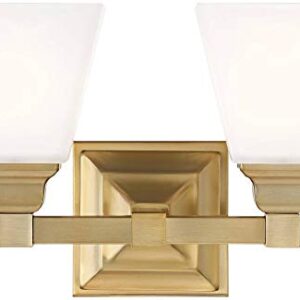 Regency Hill Mencino Opal Modern Wall Mount Light Warm Brass Gold Metal Hardwired 12 1/2" Wide 2-Light Fixture Etched Glass Shade for Bedroom Bathroom Vanity Reading Living Room Hallway