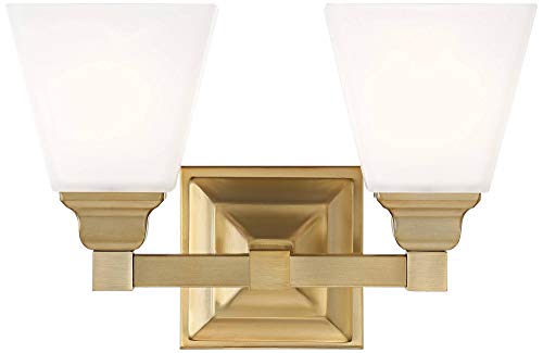 Regency Hill Mencino Opal Modern Wall Mount Light Warm Brass Gold Metal Hardwired 12 1/2" Wide 2-Light Fixture Etched Glass Shade for Bedroom Bathroom Vanity Reading Living Room Hallway