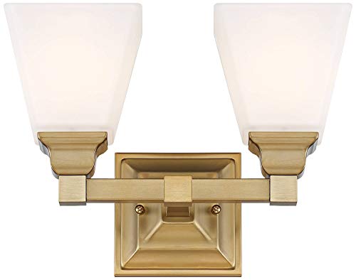 Regency Hill Mencino Opal Modern Wall Mount Light Warm Brass Gold Metal Hardwired 12 1/2" Wide 2-Light Fixture Etched Glass Shade for Bedroom Bathroom Vanity Reading Living Room Hallway