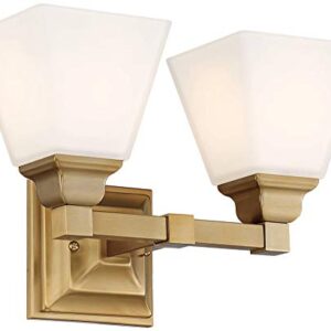 Regency Hill Mencino Opal Modern Wall Mount Light Warm Brass Gold Metal Hardwired 12 1/2" Wide 2-Light Fixture Etched Glass Shade for Bedroom Bathroom Vanity Reading Living Room Hallway