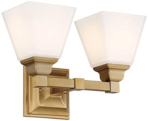 Regency Hill Mencino Opal Modern Wall Mount Light Warm Brass Gold Metal Hardwired 12 1/2" Wide 2-Light Fixture Etched Glass Shade for Bedroom Bathroom Vanity Reading Living Room Hallway