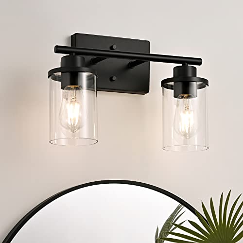 EDISHINE Bathroom Light Fixtures, 2 Light Bathroom Vanity Light with Clear Glass Shades, Matte Black Vanity Lights for Bathroom, Powder Room, Vanity Table, Bedroom, Kitchen (E26 Base), ETL Listed