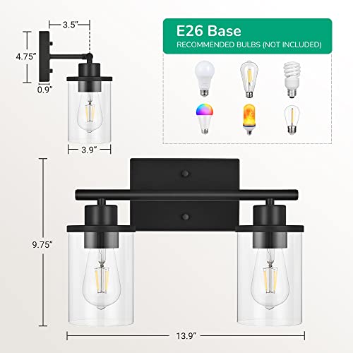 EDISHINE Bathroom Light Fixtures, 2 Light Bathroom Vanity Light with Clear Glass Shades, Matte Black Vanity Lights for Bathroom, Powder Room, Vanity Table, Bedroom, Kitchen (E26 Base), ETL Listed