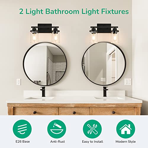 EDISHINE Bathroom Light Fixtures, 2 Light Bathroom Vanity Light with Clear Glass Shades, Matte Black Vanity Lights for Bathroom, Powder Room, Vanity Table, Bedroom, Kitchen (E26 Base), ETL Listed