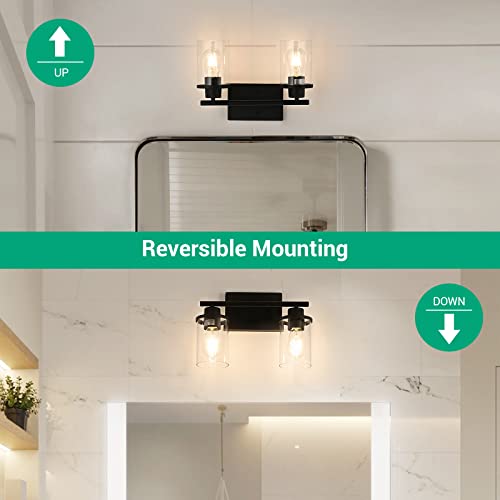 EDISHINE Bathroom Light Fixtures, 2 Light Bathroom Vanity Light with Clear Glass Shades, Matte Black Vanity Lights for Bathroom, Powder Room, Vanity Table, Bedroom, Kitchen (E26 Base), ETL Listed