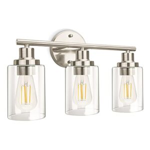 apenath vanity wall light fixtures, modern 3 lights wall sconce with clear glass shade, brushed nickel farmhouse wall lamp for bathroom mirror kitchen porch living room workshop (e26 base)