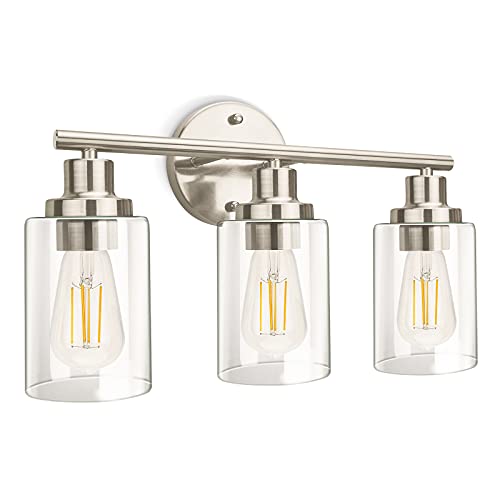 Apenath Vanity Wall Light Fixtures, Modern 3 Lights Wall Sconce with Clear Glass Shade, Brushed Nickel Farmhouse Wall Lamp for Bathroom Mirror Kitchen Porch Living Room Workshop (E26 Base)