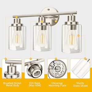 Apenath Vanity Wall Light Fixtures, Modern 3 Lights Wall Sconce with Clear Glass Shade, Brushed Nickel Farmhouse Wall Lamp for Bathroom Mirror Kitchen Porch Living Room Workshop (E26 Base)