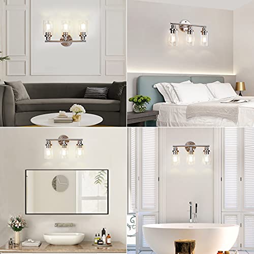 Apenath Vanity Wall Light Fixtures, Modern 3 Lights Wall Sconce with Clear Glass Shade, Brushed Nickel Farmhouse Wall Lamp for Bathroom Mirror Kitchen Porch Living Room Workshop (E26 Base)