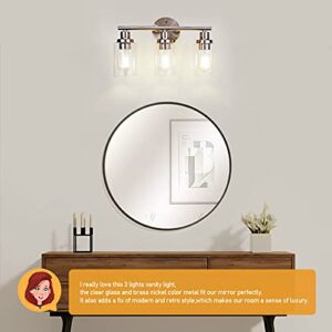 Apenath Vanity Wall Light Fixtures, Modern 3 Lights Wall Sconce with Clear Glass Shade, Brushed Nickel Farmhouse Wall Lamp for Bathroom Mirror Kitchen Porch Living Room Workshop (E26 Base)