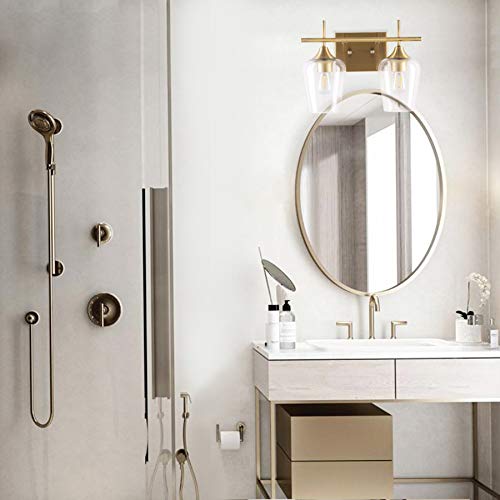 VONLUCE 2-Light Gold Vanity Light Fixtures Over Mirror, Wall Mount Modern Brass Bathroom Sconce with Clear Glass, Midcentury Gold Vanity Lighting for Bathroom, Makeup Dressing Table, Bedroom