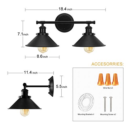 Alynzee 2 Light Bathroom Vanity Light Fixtures,Farmhouse Wall Sconce Matte Black Finish Industrial Bathroom Vanity Lighting for Bathroom Kitchen Living Room Workshop Cafe