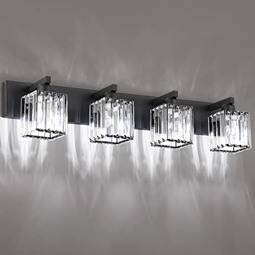 Aipsun Black Light Fixtures Bathroom Vanity Light Crystal Modern Vanity Light for Bathroom 4 Light (Exclude Bulb)