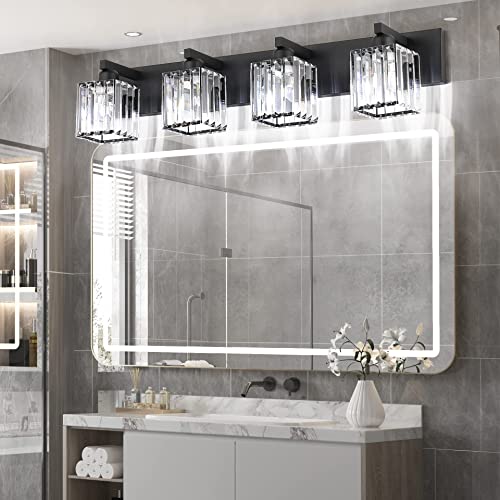 Aipsun Black Light Fixtures Bathroom Vanity Light Crystal Modern Vanity Light for Bathroom 4 Light (Exclude Bulb)