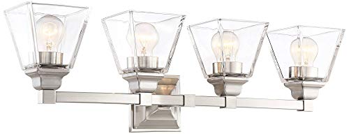 Regency Hill Mencino Mid Century Modern Wall Light Satin Nickel Silver Metal Hardwired 28" Wide 4-Light Fixture Clear Glass Cone Shade for Bathroom Vanity Mirror House Home Room Decor