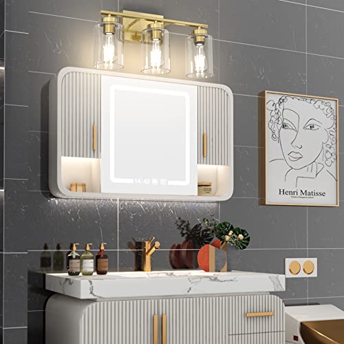 Gold Bathroom Light Fixtures, Modern Bathroom Vanity Light with Clear Glass Shade, 3 Lights Brushed Brass Bath Wall Mount Lights, Gold Wall Sconce for Kitchen Bedroom Hallway Living Room Hallway
